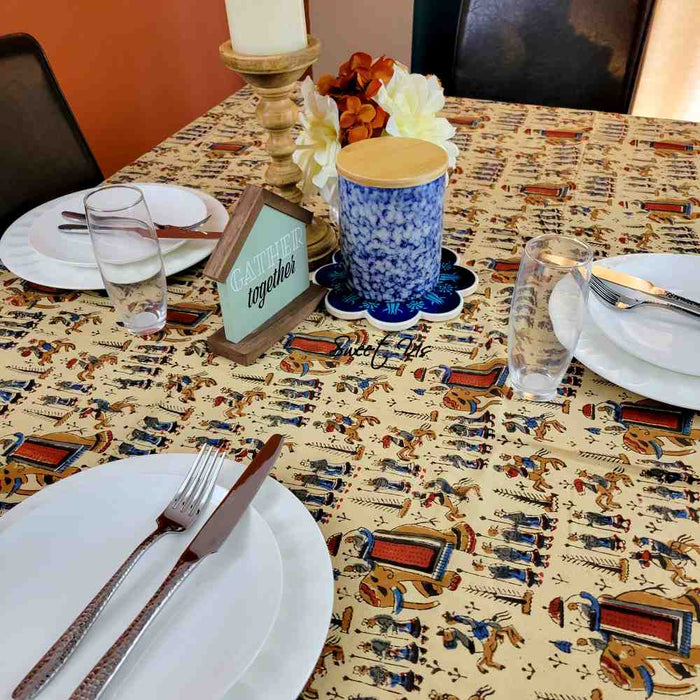 Block Print Floral Paisley Elephant Tablecloth Rectangle 70x102 Beige Red Blue - Sweet Us