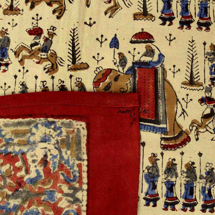 Block Print Floral Paisley Elephant Tablecloth Rectangle 70x102 Beige Red Blue - Sweet Us