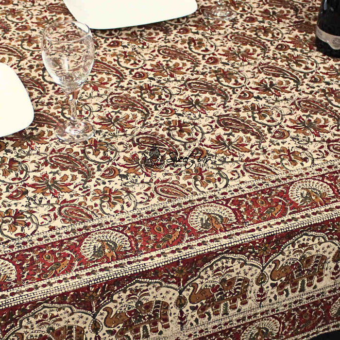Paisley Safari Block Print Cotton Floral Tablecloth Rectangle, Regal Sands - Sweet Us