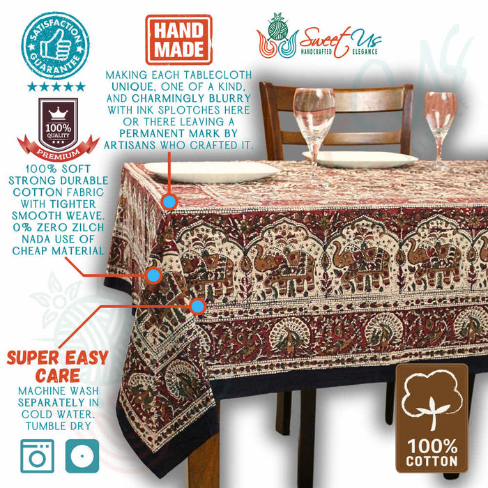 Paisley Safari Block Print Cotton Floral Tablecloth Rectangle, Regal Sands - Sweet Us