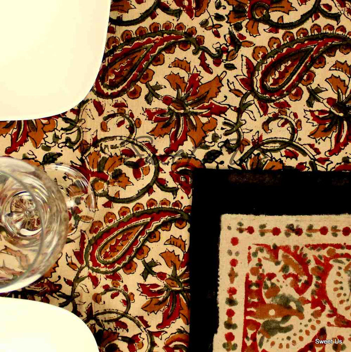 Paisley Safari Block Print Cotton Floral Tablecloth Rectangle, Regal Sands - Sweet Us