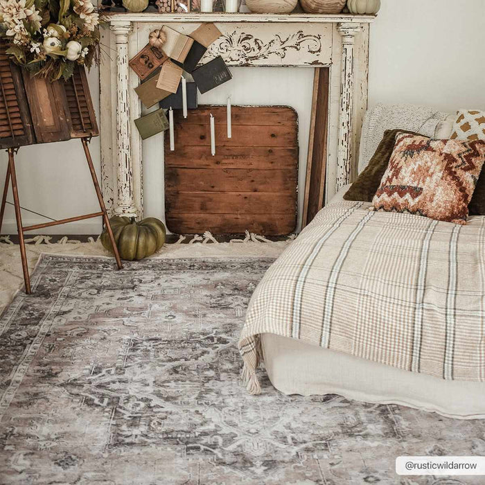 Traditional Machine woven Charcoal, Rust and Silver Machine Washable Rug - The Rug Decor