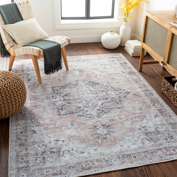 Traditional Machine woven Charcoal, Rust and Silver Machine Washable Rug - The Rug Decor