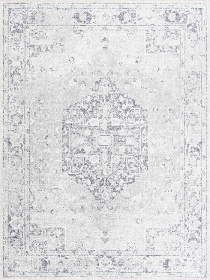 Traditional Medallion Design Silver and Charcoal Machine Washable Rug - The Rug Decor