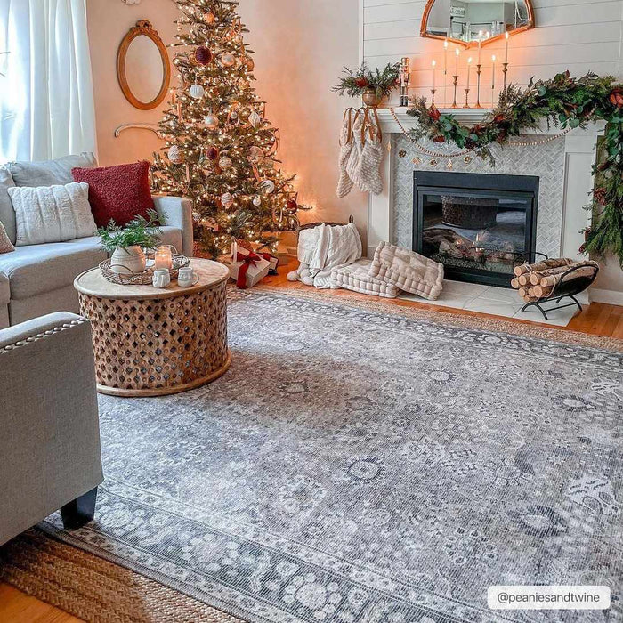 Traditional Turkish Floral Ivory, Brown and Charcoal Multi Size Machine Washable Rug - The Rug Decor