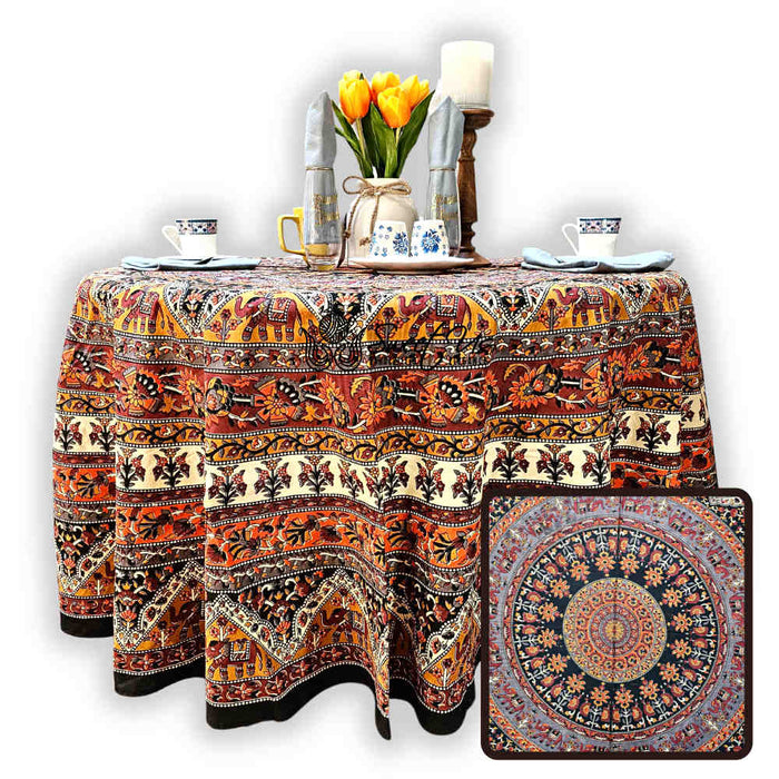 Cotton Tusker Bloom Mandala Floral Tablecloth Round, Terra Cotta - Sweet Us