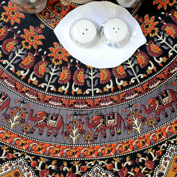 Cotton Tusker Bloom Mandala Floral Tablecloth Round, Terra Cotta - Sweet Us