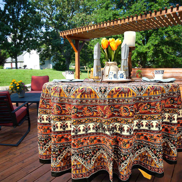 Cotton Tusker Bloom Mandala Floral Tablecloth Round, Terra Cotta - Sweet Us