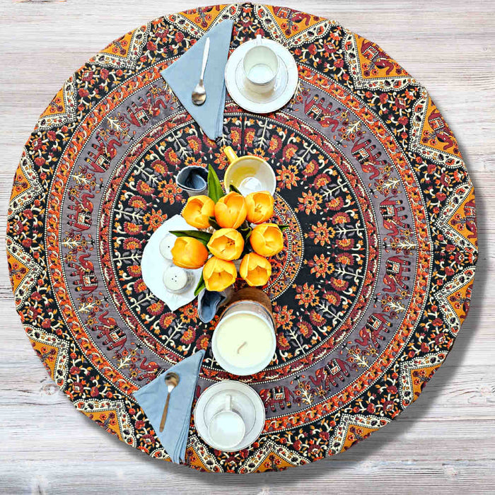 Cotton Tusker Bloom Mandala Floral Tablecloth Round, Terra Cotta - Sweet Us