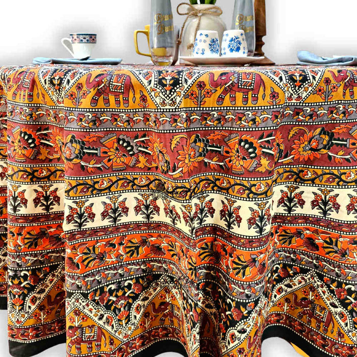 Cotton Tusker Bloom Mandala Floral Tablecloth Round, Terra Cotta - Sweet Us