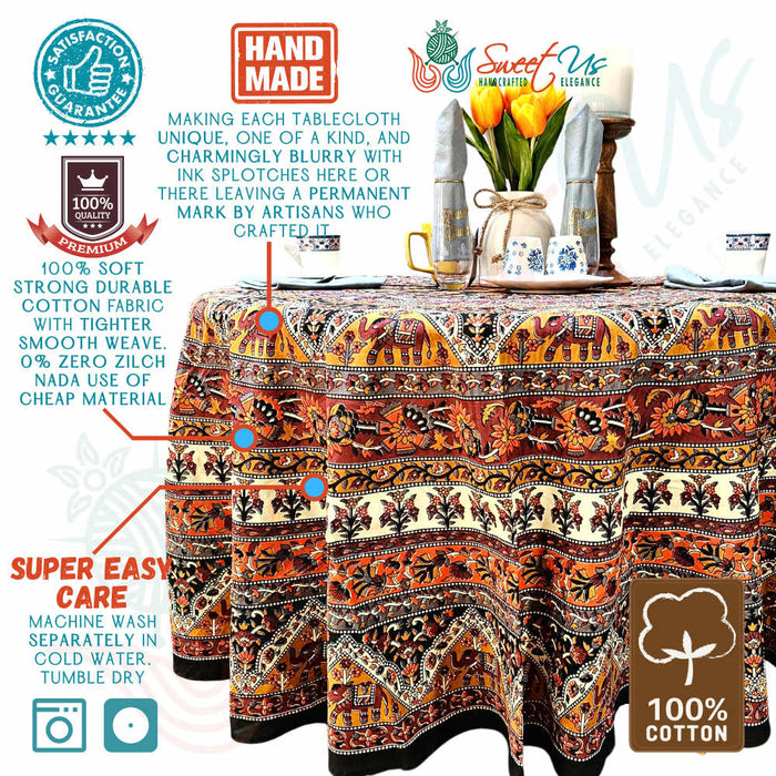 Cotton Tusker Bloom Mandala Floral Tablecloth Round, Terra Cotta - Sweet Us