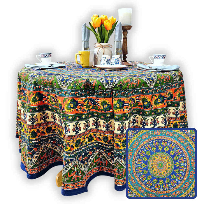 Cotton Tusker Bloom Floral Print Cotton Tablecloth Round, Blue Horizon - Sweet Us
