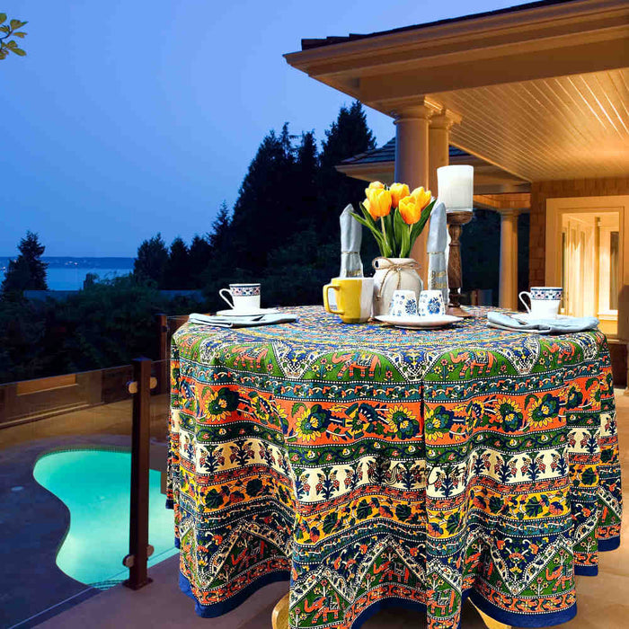 Cotton Tusker Bloom Floral Print Cotton Tablecloth Round, Blue Horizon - Sweet Us