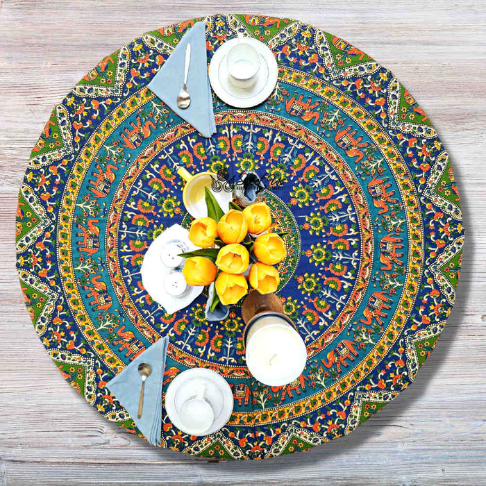 Cotton Tusker Bloom Floral Print Cotton Tablecloth Round, Blue Horizon - Sweet Us