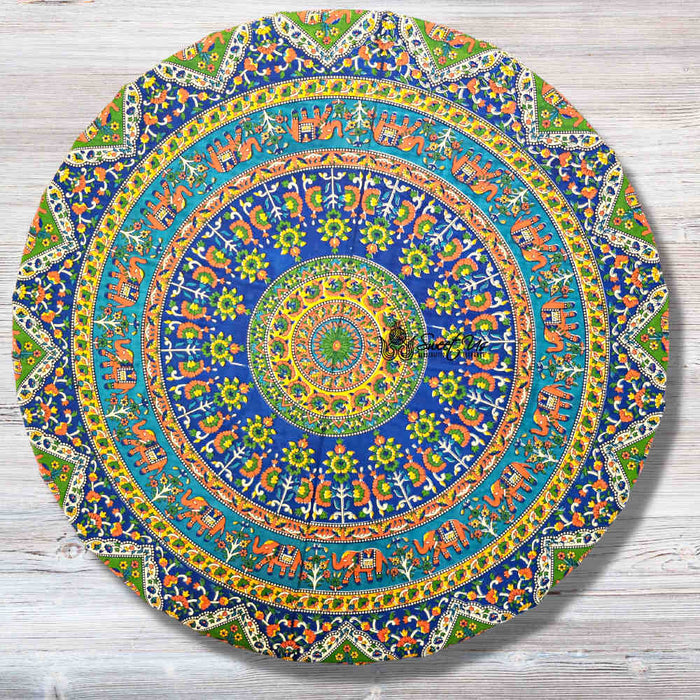 Cotton Tusker Bloom Floral Print Cotton Tablecloth Round, Blue Horizon - Sweet Us