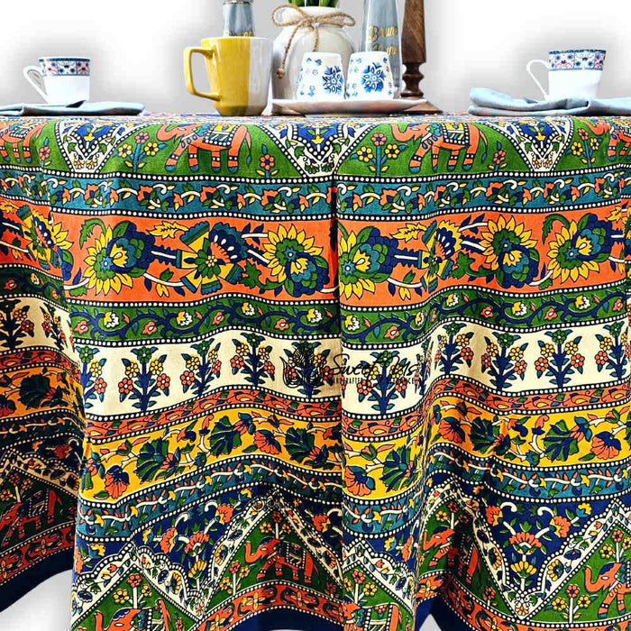 Cotton Tusker Bloom Floral Print Cotton Tablecloth Round, Blue Horizon - Sweet Us