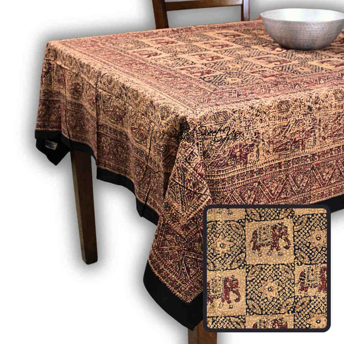 Tusker Trellis Block Print Batik Floral Tablecloth Rectangle, Rustic Reverie - Sweet Us