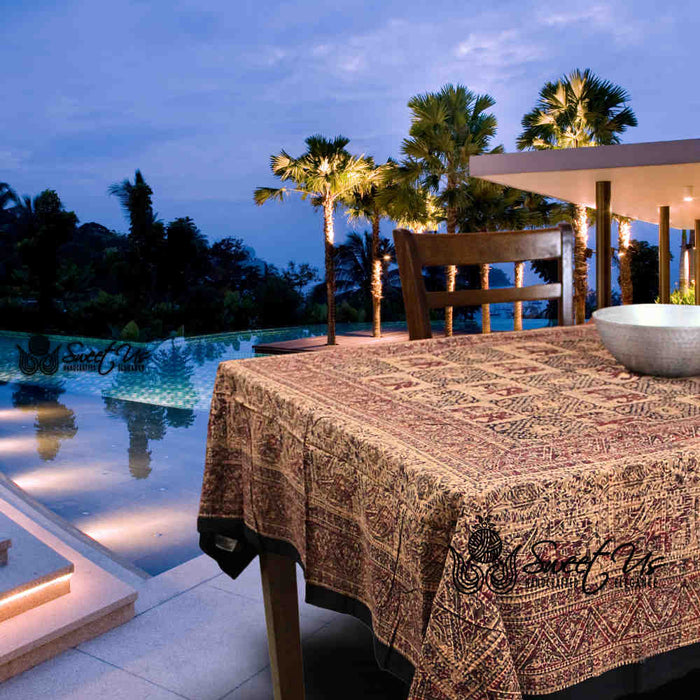 Tusker Trellis Block Print Batik Floral Tablecloth Rectangle, Rustic Reverie - Sweet Us