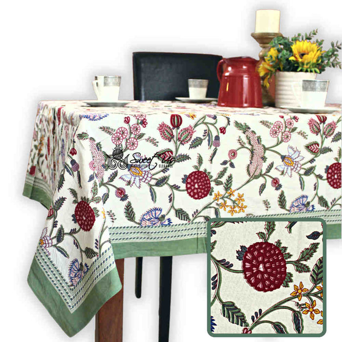 Vineyard Harmony Floral Cotton Tablecloth Collection, Green White Red Linen - Sweet Us