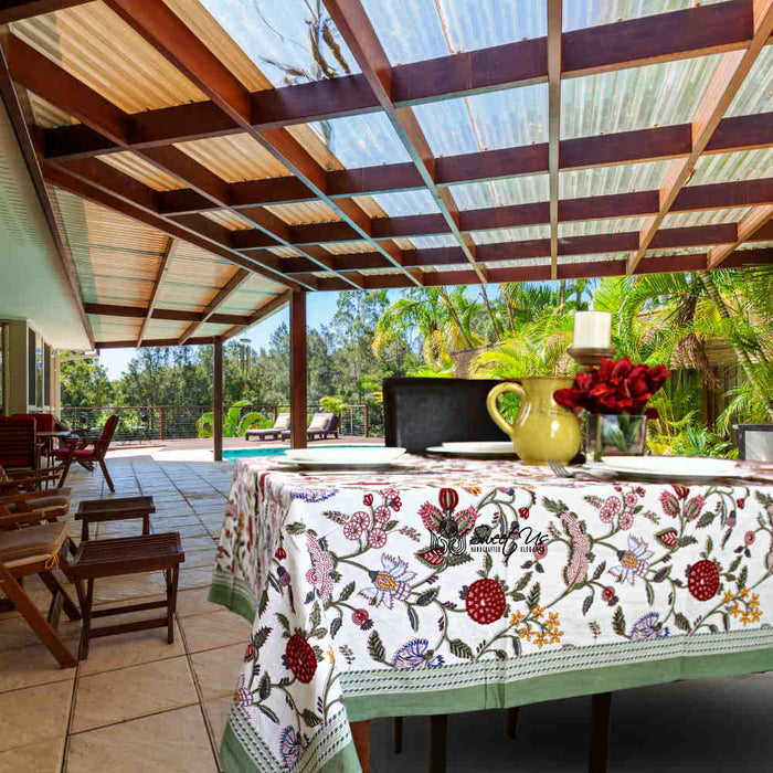 Vineyard Harmony Floral Cotton Tablecloth Collection, Green White Red Linen - Sweet Us