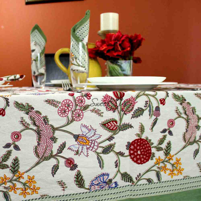 Vineyard Harmony Floral Cotton Tablecloth Collection, Green White Red Linen - Sweet Us