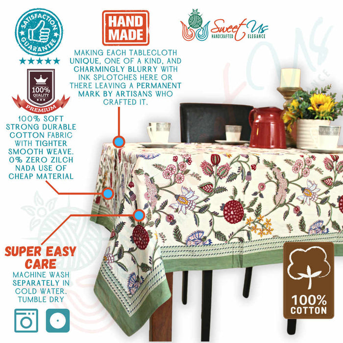 Vineyard Harmony Floral Cotton Tablecloth Collection, Green White Red Linen - Sweet Us