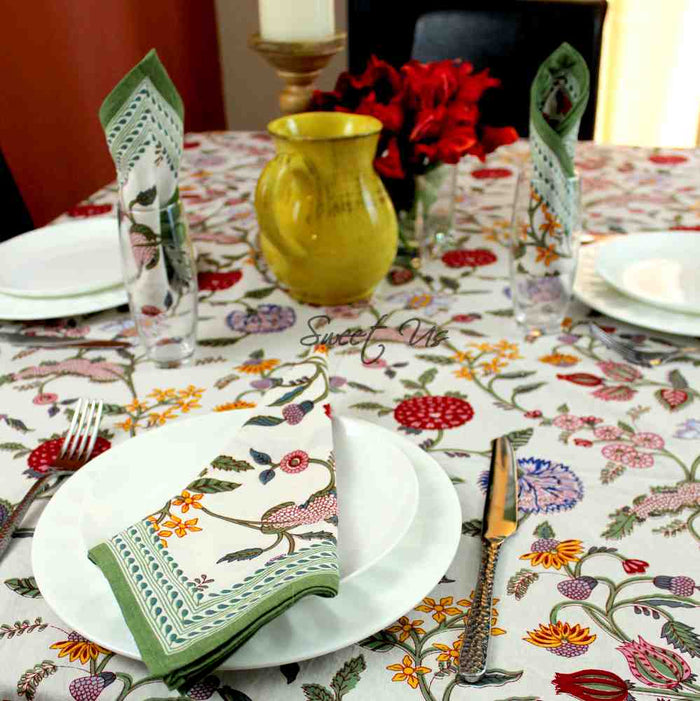 Vineyard Harmony Floral Cotton Tablecloth Collection, Green White Red Linen - Sweet Us