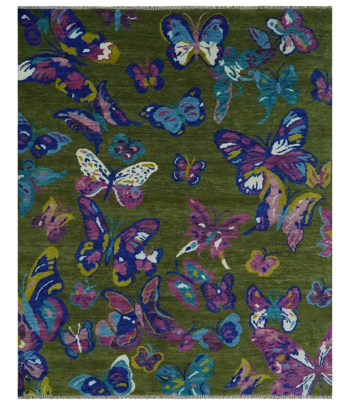 Vibrant Garden of Butterfly Green and Purple Hand knotted Multi size wool Area Rug - The Rug Decor
