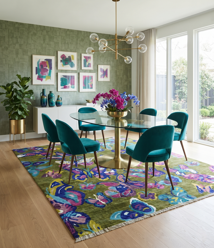 Hand-knotted wool area rug with green, purple, and blue butterfly pattern