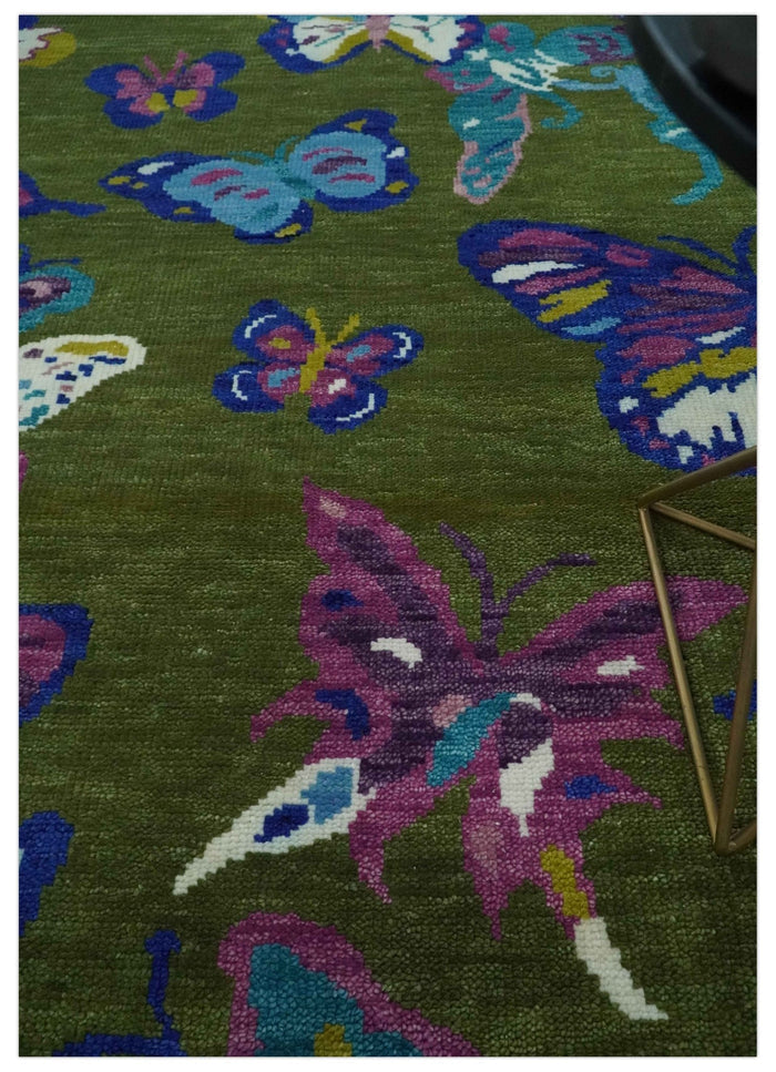 Vibrant Garden of Butterfly Green and Purple Hand knotted Multi size wool Area Rug - The Rug Decor
