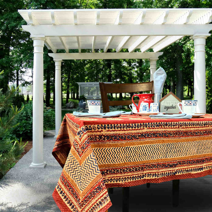 Vintage Diamond Floral Cotton Block Print Tablecloth Rectangle, Rustic Allure - Sweet Us